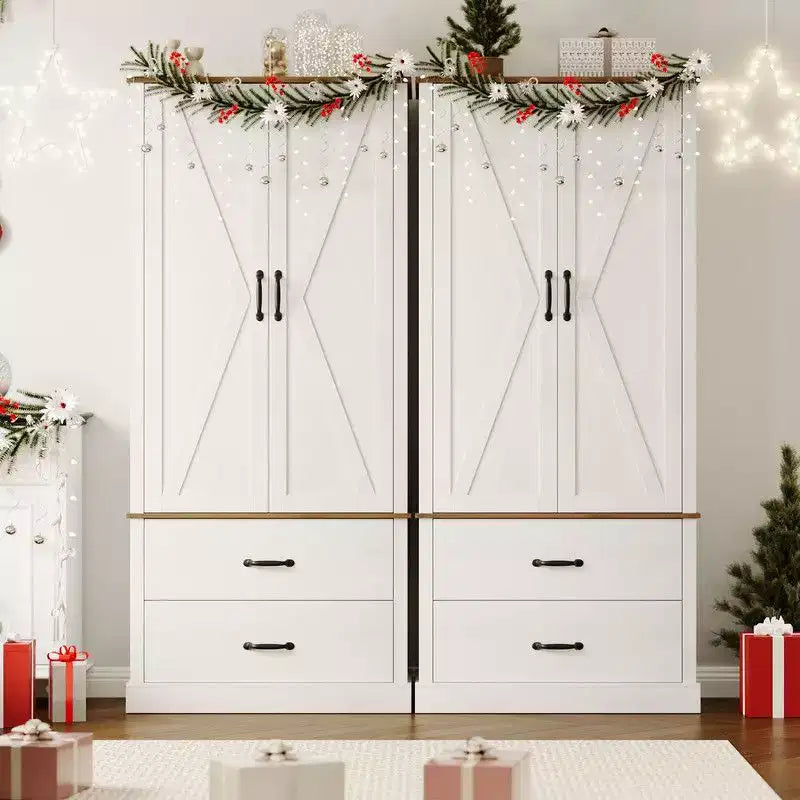 Coolmee Kitchen Pantry Storage Cabinet with Barn Doors, Drawer, and 2 Adjustable Shelves, Freestanding Tall Hutch with Microwave Stand