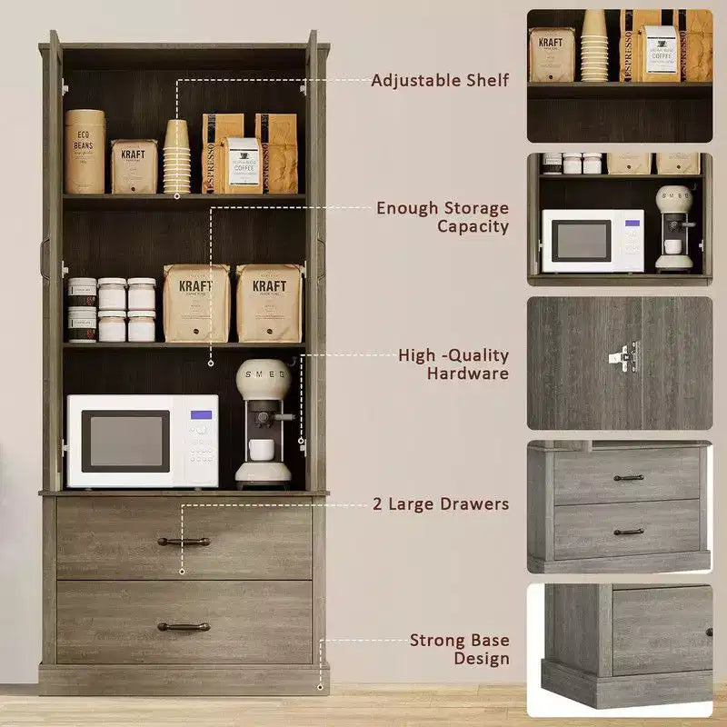 Coolmee Kitchen Pantry Storage Cabinet with Barn Doors, Drawer, and 2 Adjustable Shelves, Freestanding Tall Hutch with Microwave Stand