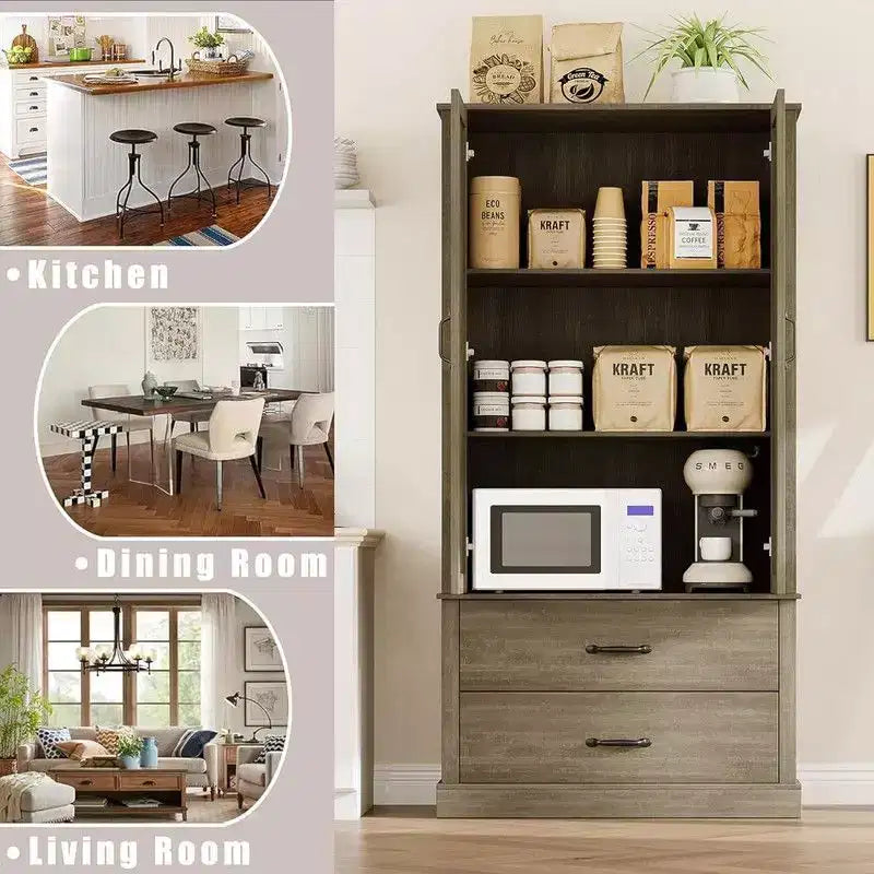 Coolmee Kitchen Pantry Storage Cabinet with Barn Doors, Drawer, and 2 Adjustable Shelves, Freestanding Tall Hutch with Microwave Stand