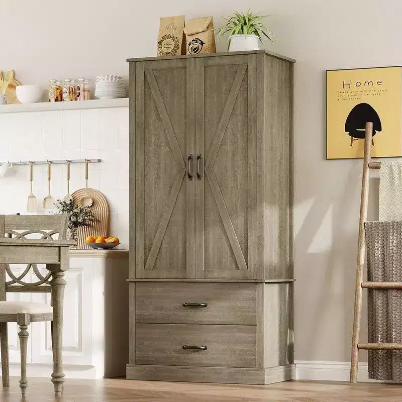 Coolmee Kitchen Pantry Storage Cabinet with Barn Doors, Drawer, and 2 Adjustable Shelves, Freestanding Tall Hutch with Microwave Stand