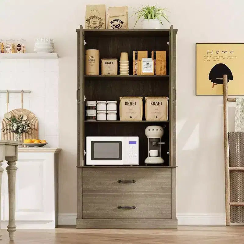 Coolmee Kitchen Pantry Storage Cabinet with Barn Doors, Drawer, and 2 Adjustable Shelves, Freestanding Tall Hutch with Microwave Stand