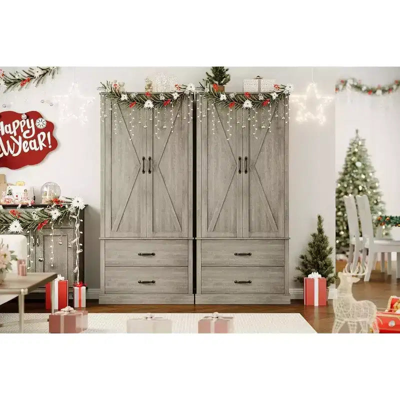 Coolmee Kitchen Pantry Storage Cabinet with Barn Doors, Drawer, and 2 Adjustable Shelves, Freestanding Tall Hutch with Microwave Stand