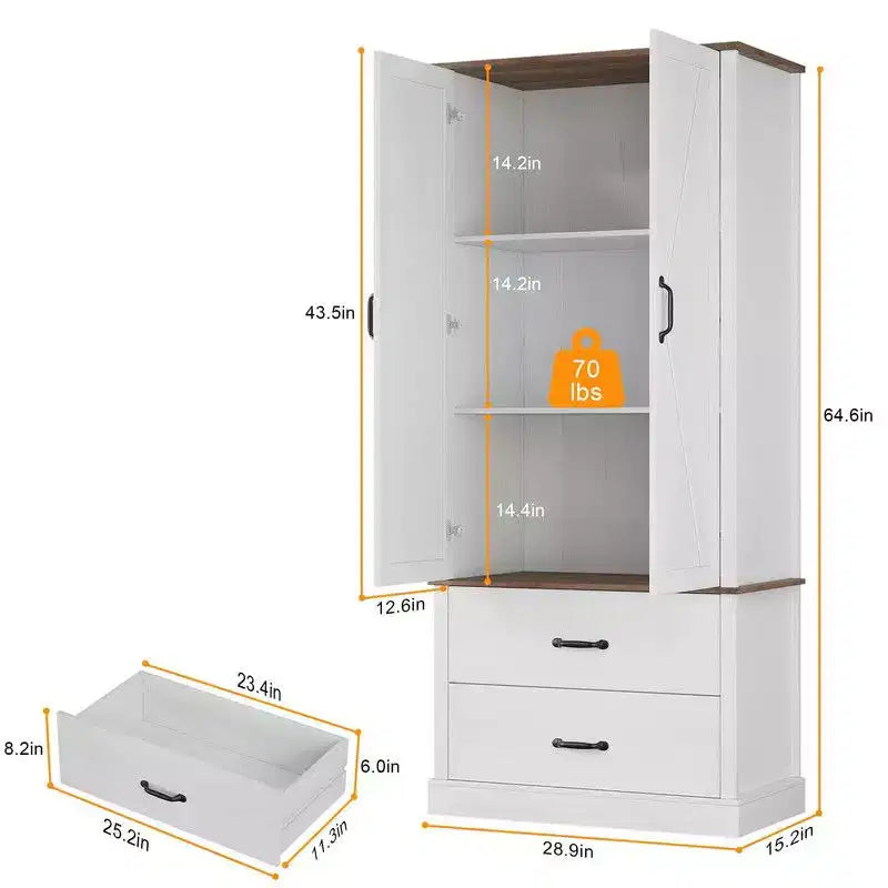 Coolmee Kitchen Pantry Storage Cabinet with Barn Doors, Drawer, and 2 Adjustable Shelves, Freestanding Tall Hutch with Microwave Stand