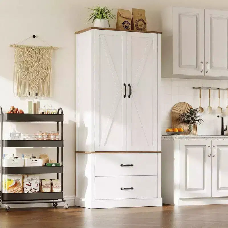 Coolmee Kitchen Pantry Storage Cabinet with Barn Doors, Drawer, and 2 Adjustable Shelves, Freestanding Tall Hutch with Microwave Stand