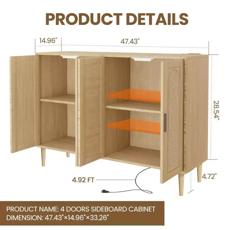 CuisinSmart Rattan Sideboard Buffet Cabinet, Boho Storage Cabinet, 4 Doors Coffee Bar with Power Outlet for Kitchen Dining Room Living Room