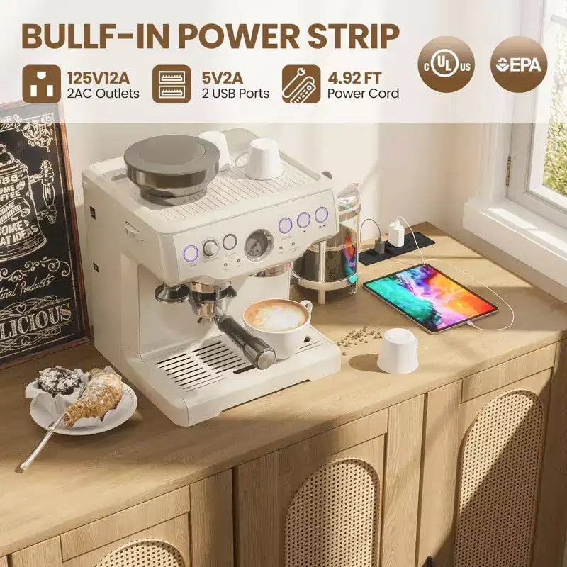 CuisinSmart Rattan Sideboard Buffet Cabinet, Boho Storage Cabinet, 4 Doors Coffee Bar with Power Outlet for Kitchen Dining Room Living Room