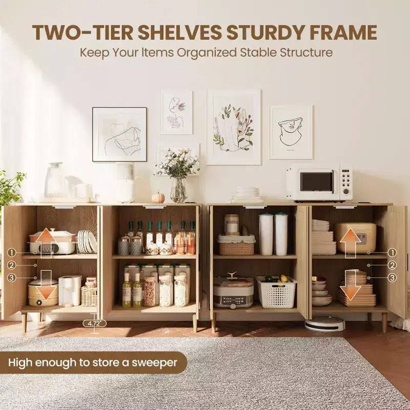 CuisinSmart Rattan Sideboard Buffet Cabinet, Boho Storage Cabinet, 4 Doors Coffee Bar with Power Outlet for Kitchen Dining Room Living Room