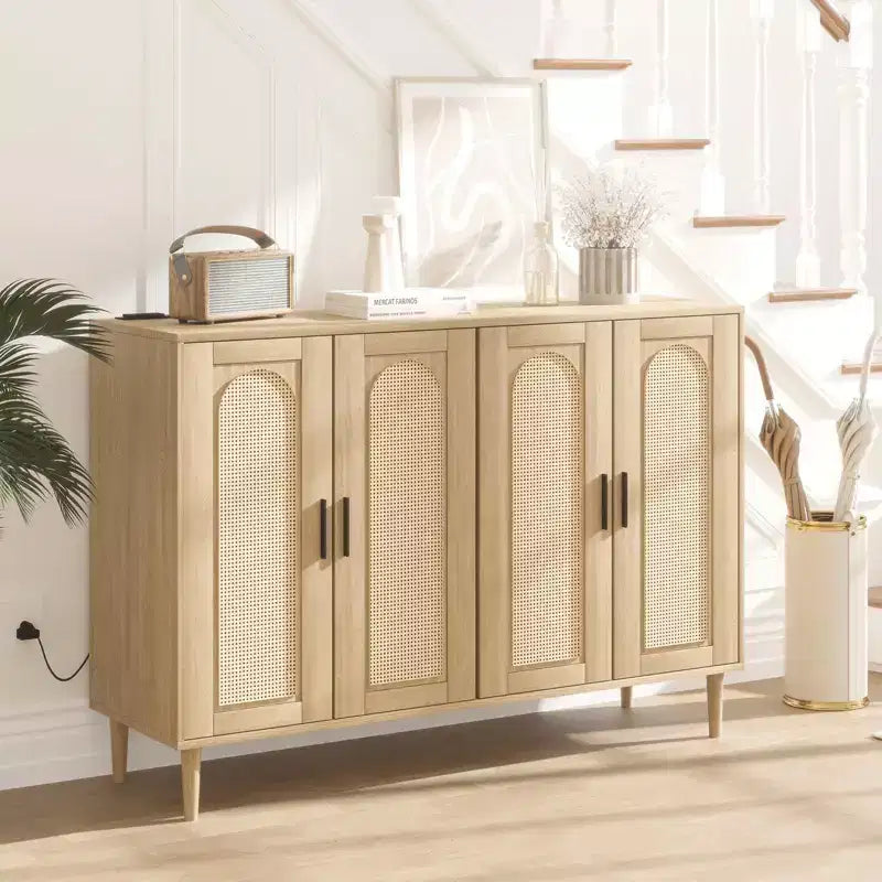 CuisinSmart Rattan Sideboard Buffet Cabinet, Boho Storage Cabinet, 4 Doors Coffee Bar with Power Outlet for Kitchen Dining Room Living Room