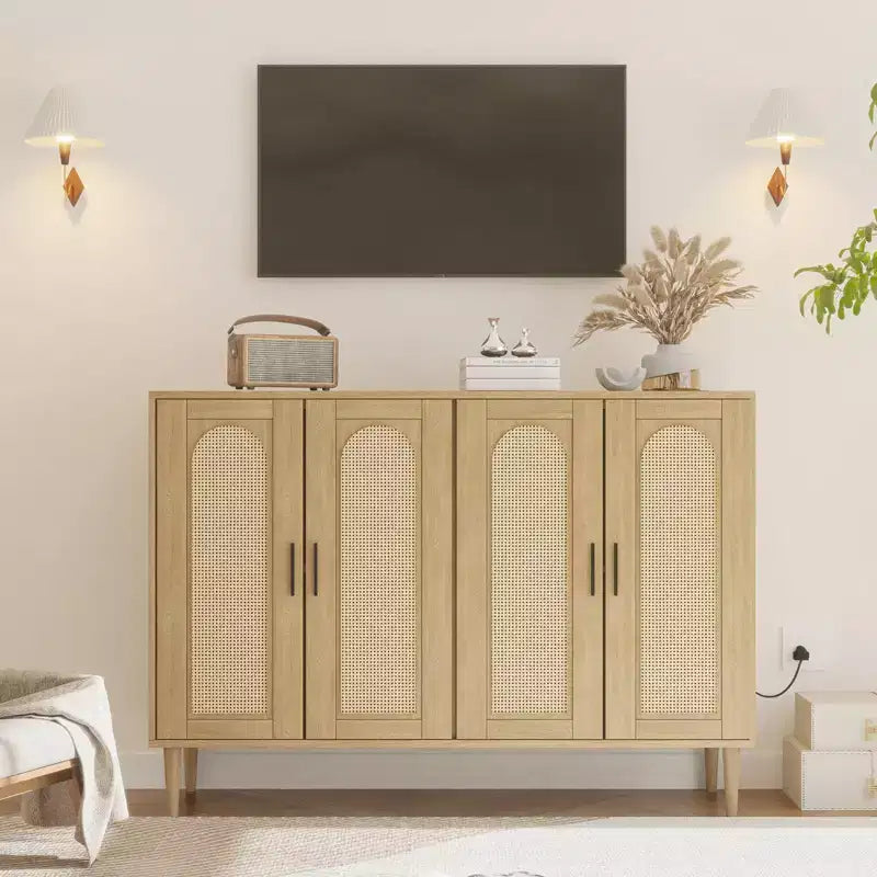 CuisinSmart Rattan Sideboard Buffet Cabinet, Boho Storage Cabinet, 4 Doors Coffee Bar with Power Outlet for Kitchen Dining Room Living Room