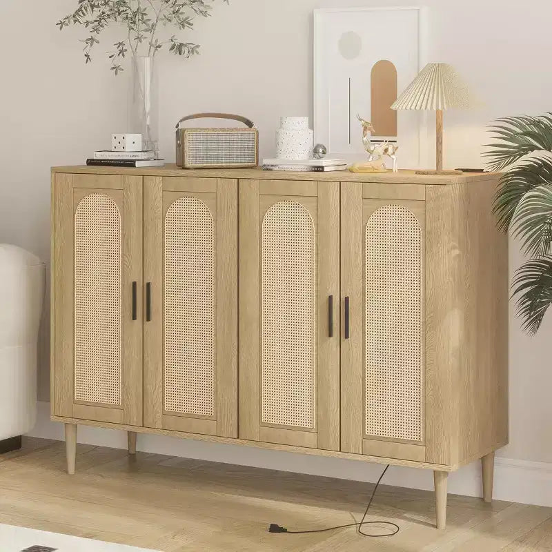 CuisinSmart Rattan Sideboard Buffet Cabinet, Boho Storage Cabinet, 4 Doors Coffee Bar with Power Outlet for Kitchen Dining Room Living Room