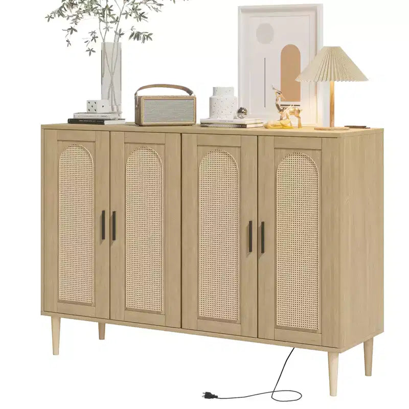 CuisinSmart Rattan Sideboard Buffet Cabinet, Boho Storage Cabinet, 4 Doors Coffee Bar with Power Outlet for Kitchen Dining Room Living Room