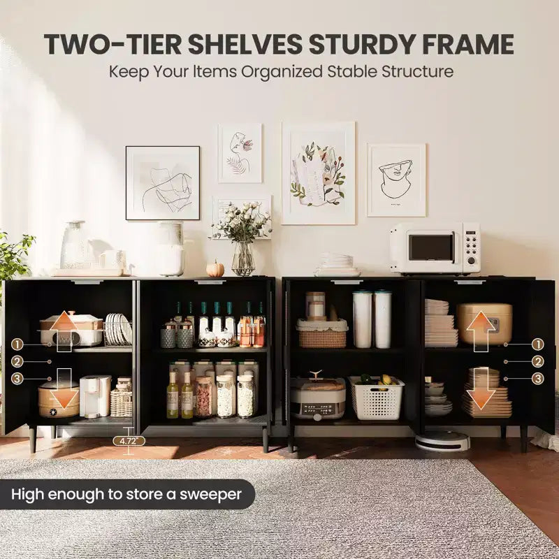 CuisinSmart Rattan Sideboard Buffet Cabinet, Boho Storage Cabinet, 4 Doors Coffee Bar with Power Outlet for Kitchen Dining Room Living Room