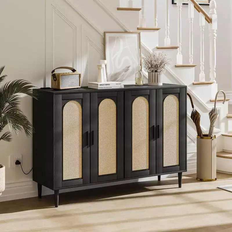 CuisinSmart Rattan Sideboard Buffet Cabinet, Boho Storage Cabinet, 4 Doors Coffee Bar with Power Outlet for Kitchen Dining Room Living Room