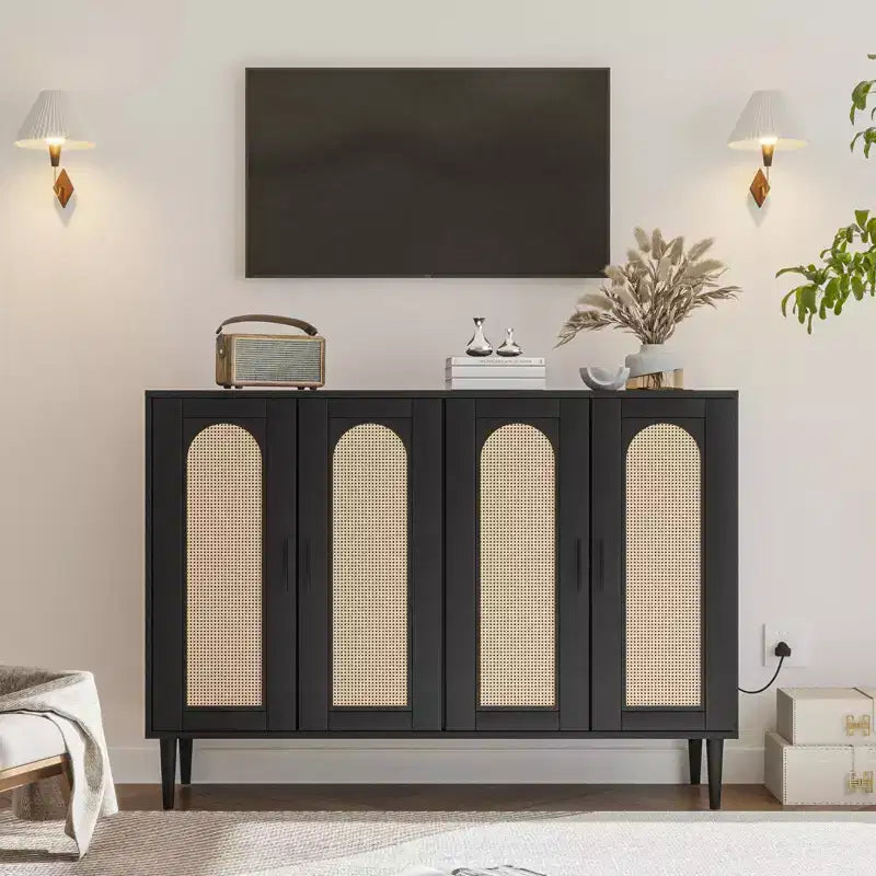 CuisinSmart Rattan Sideboard Buffet Cabinet, Boho Storage Cabinet, 4 Doors Coffee Bar with Power Outlet for Kitchen Dining Room Living Room