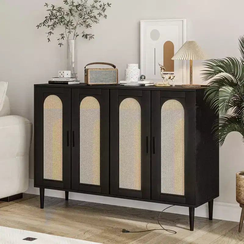 CuisinSmart Rattan Sideboard Buffet Cabinet, Boho Storage Cabinet, 4 Doors Coffee Bar with Power Outlet for Kitchen Dining Room Living Room