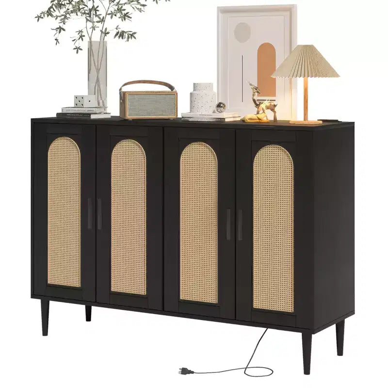 CuisinSmart Rattan Sideboard Buffet Cabinet, Boho Storage Cabinet, 4 Doors Coffee Bar with Power Outlet for Kitchen Dining Room Living Room