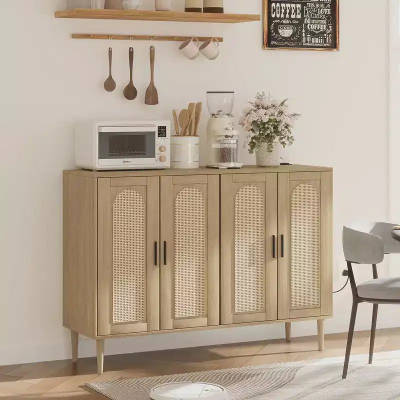 CuisinSmart Rattan Sideboard Buffet Cabinet, Boho Storage Cabinet, 4 Doors Coffee Bar with Power Outlet for Kitchen Dining Room Living Room