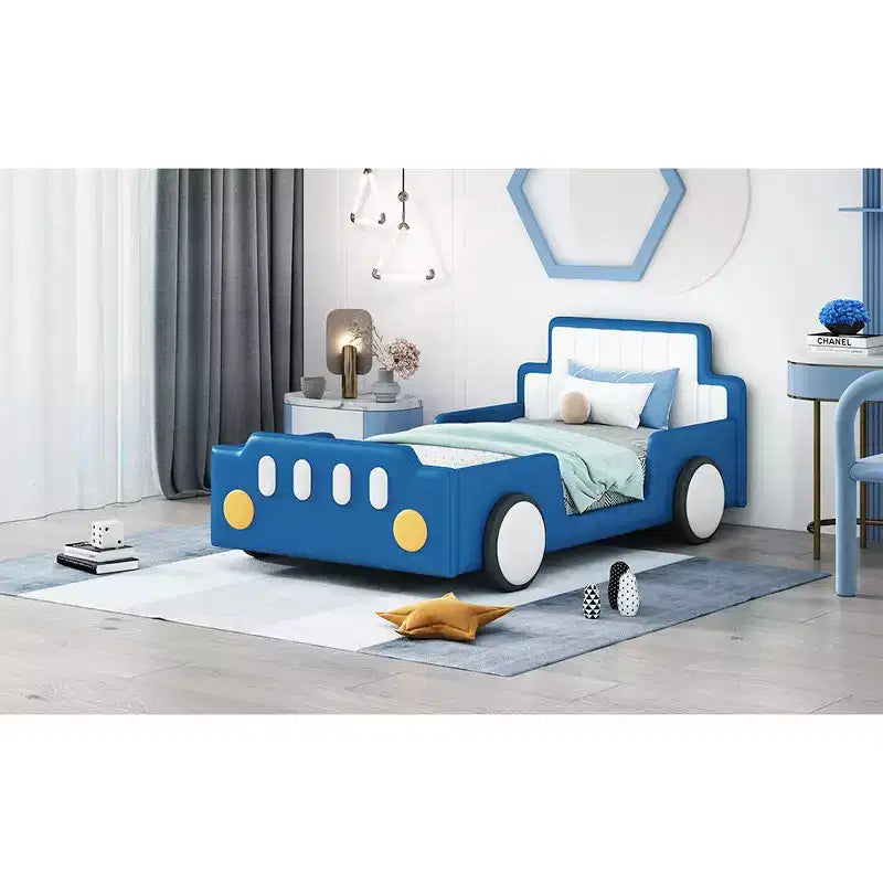 Bellemave Twin Size Race Car-Shaped Platform Bed with Wheels, with Headboard and Footboard, for Boys,Blue