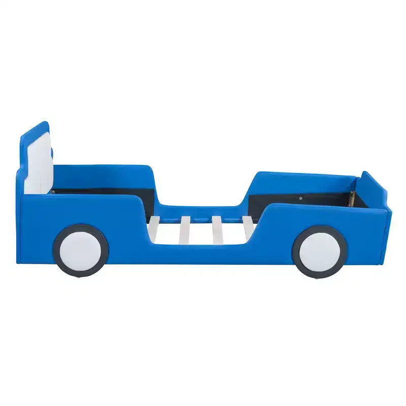 Bellemave Twin Size Race Car-Shaped Platform Bed with Wheels, with Headboard and Footboard, for Boys,Blue