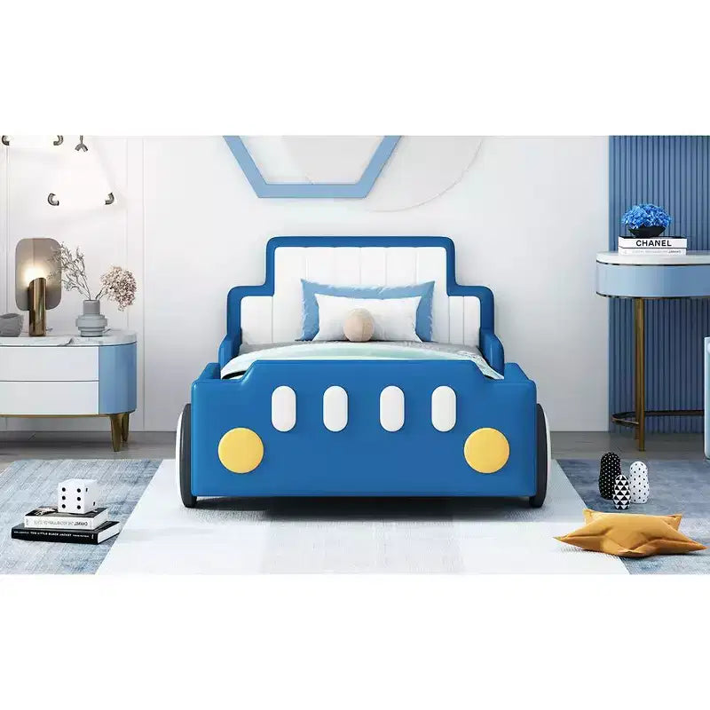 Bellemave Twin Size Race Car-Shaped Platform Bed with Wheels, with Headboard and Footboard, for Boys,Blue