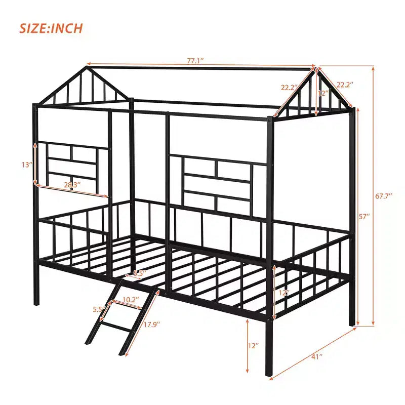 Bellemave Twin Size Metal House Bed Frame, Low Loft Bed Frame with Ladder, for Girls, Boys, Black