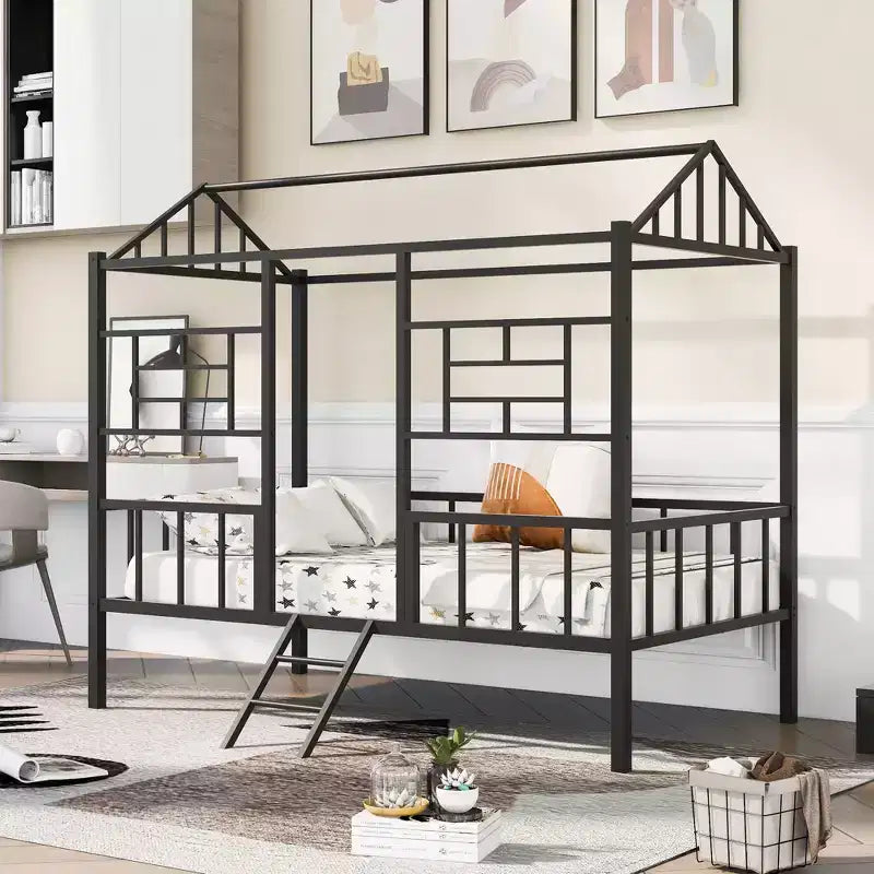 Bellemave Twin Size Metal House Bed Frame, Low Loft Bed Frame with Ladder, for Girls, Boys, Black
