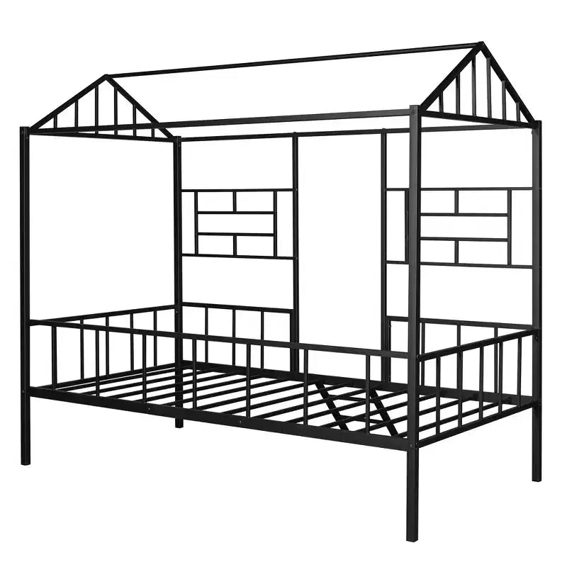 Bellemave Twin Size Metal House Bed Frame, Low Loft Bed Frame with Ladder, for Girls, Boys, Black
