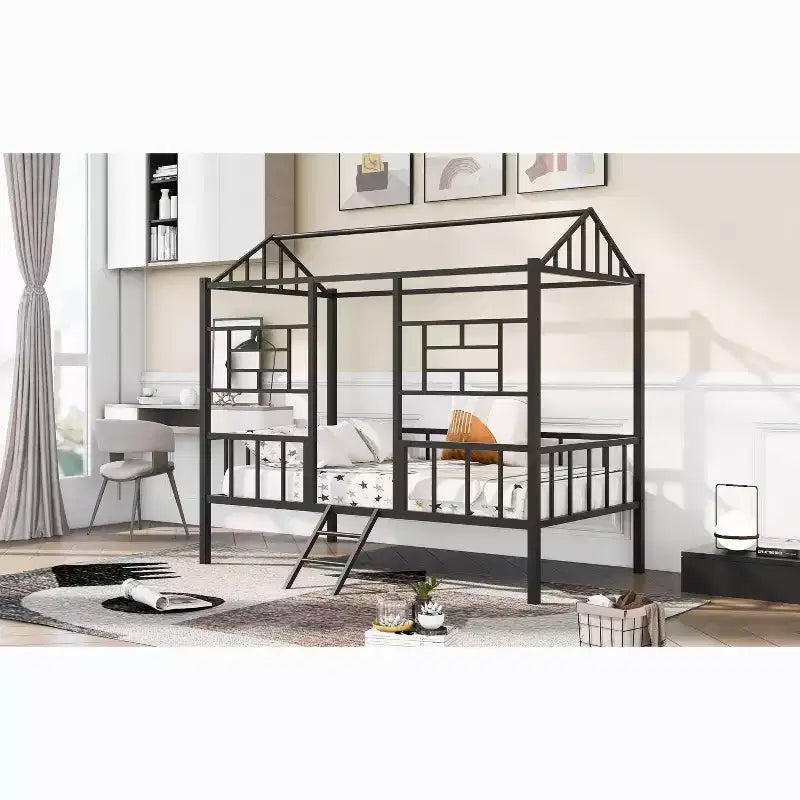 Bellemave Twin Size Metal House Bed Frame, Low Loft Bed Frame with Ladder, for Girls, Boys, Black