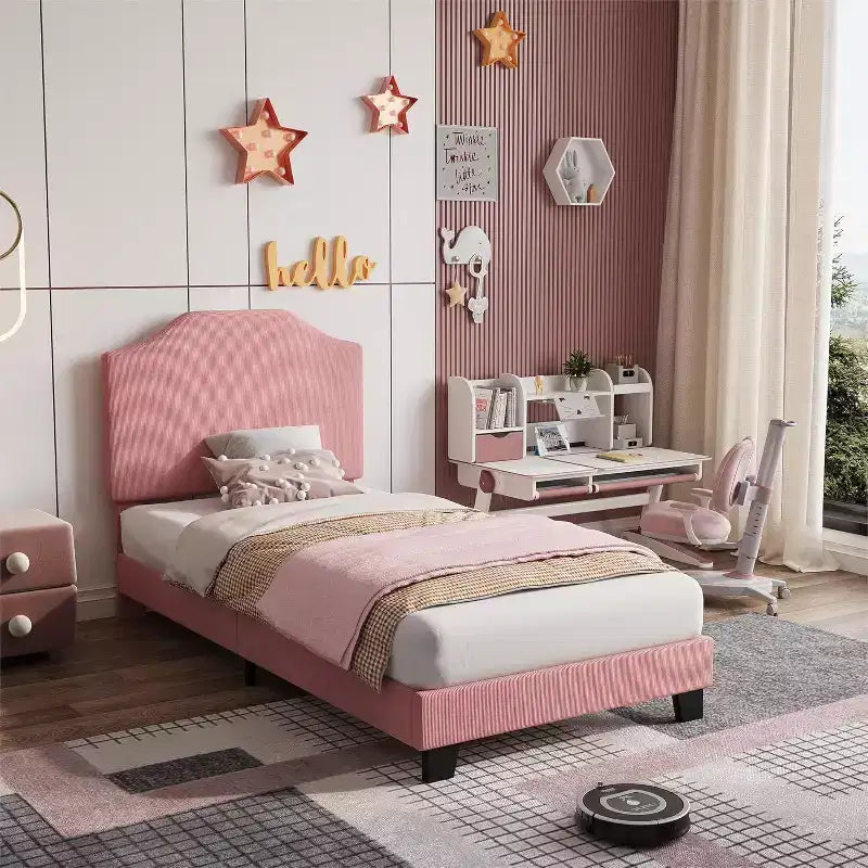 Twin Size Platform Bed Frame with Velvet Upholstered Headboard, Wooden Slats & Metal Support, Low Profile, Noise-Free,Pink/White
