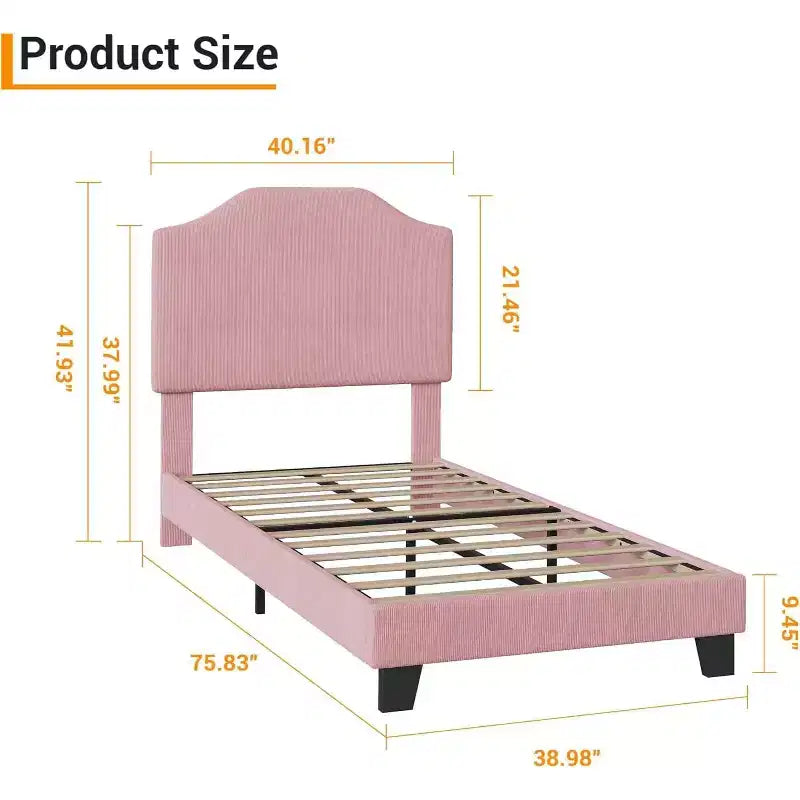 Twin Size Platform Bed Frame with Velvet Upholstered Headboard, Wooden Slats & Metal Support, Low Profile, Noise-Free,Pink/White
