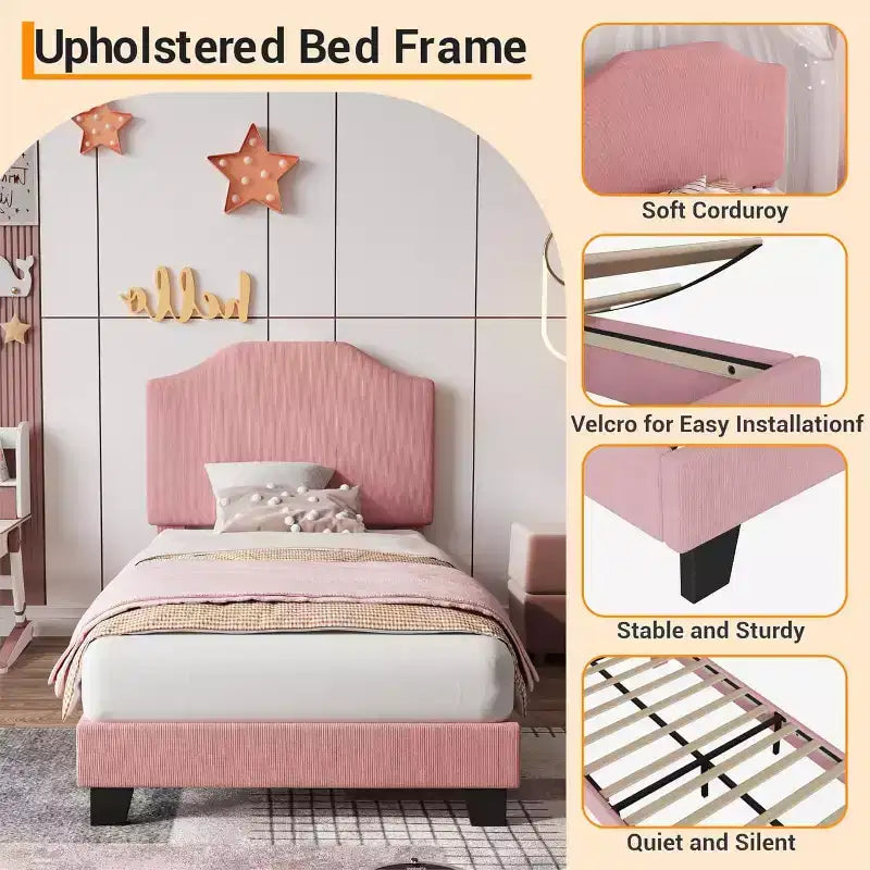 Twin Size Platform Bed Frame with Velvet Upholstered Headboard, Wooden Slats & Metal Support, Low Profile, Noise-Free,Pink/White
