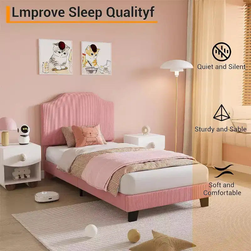 Twin Size Platform Bed Frame with Velvet Upholstered Headboard, Wooden Slats & Metal Support, Low Profile, Noise-Free,Pink/White