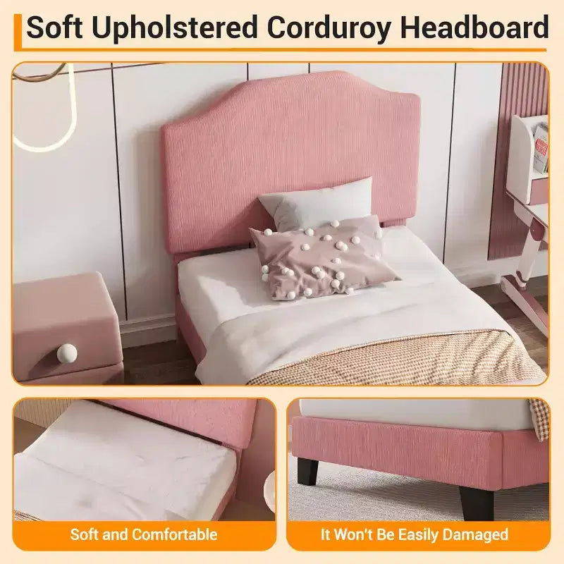 Twin Size Platform Bed Frame with Velvet Upholstered Headboard, Wooden Slats & Metal Support, Low Profile, Noise-Free,Pink/White