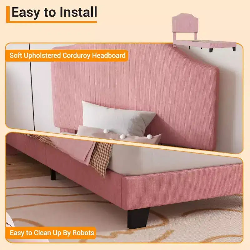 Twin Size Platform Bed Frame with Velvet Upholstered Headboard, Wooden Slats & Metal Support, Low Profile, Noise-Free,Pink/White