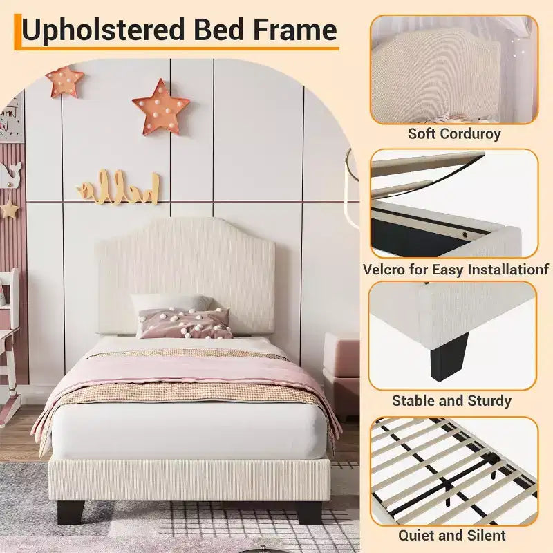 Twin Size Platform Bed Frame with Velvet Upholstered Headboard, Wooden Slats & Metal Support, Low Profile, Noise-Free,Pink/White