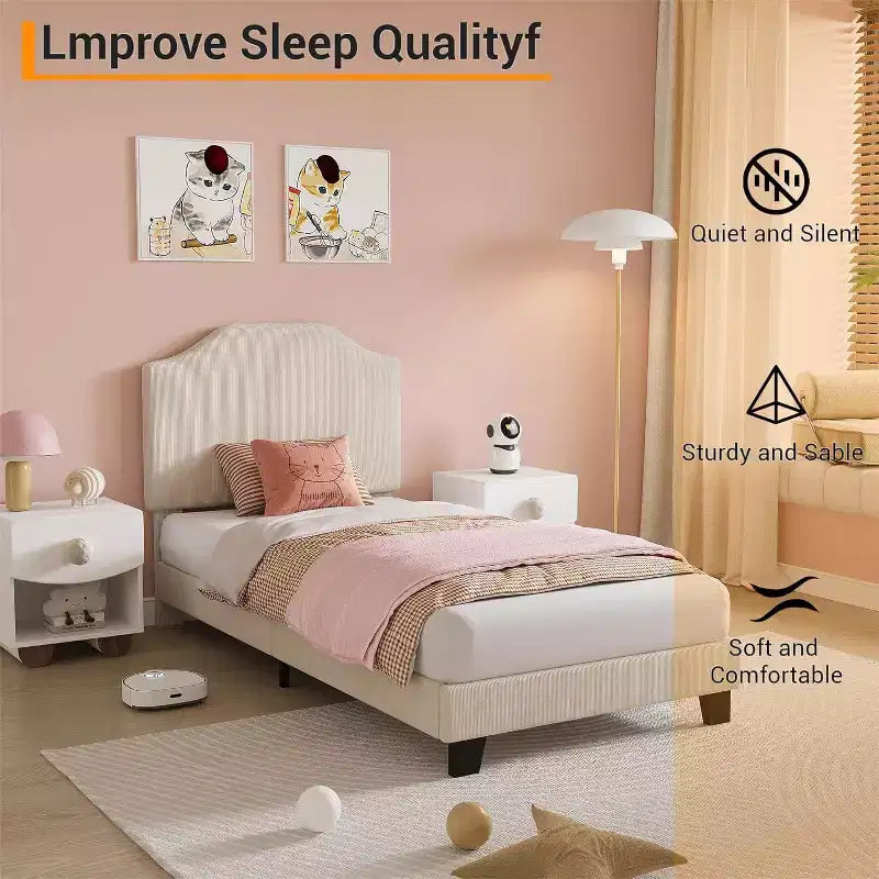 Twin Size Platform Bed Frame with Velvet Upholstered Headboard, Wooden Slats & Metal Support, Low Profile, Noise-Free,Pink/White