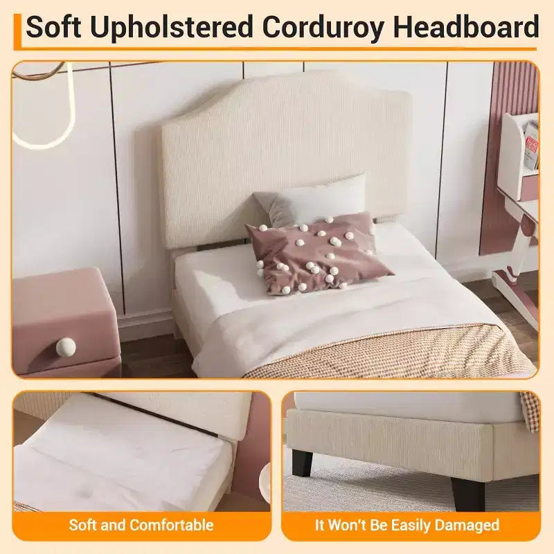 Twin Size Platform Bed Frame with Velvet Upholstered Headboard, Wooden Slats & Metal Support, Low Profile, Noise-Free,Pink/White