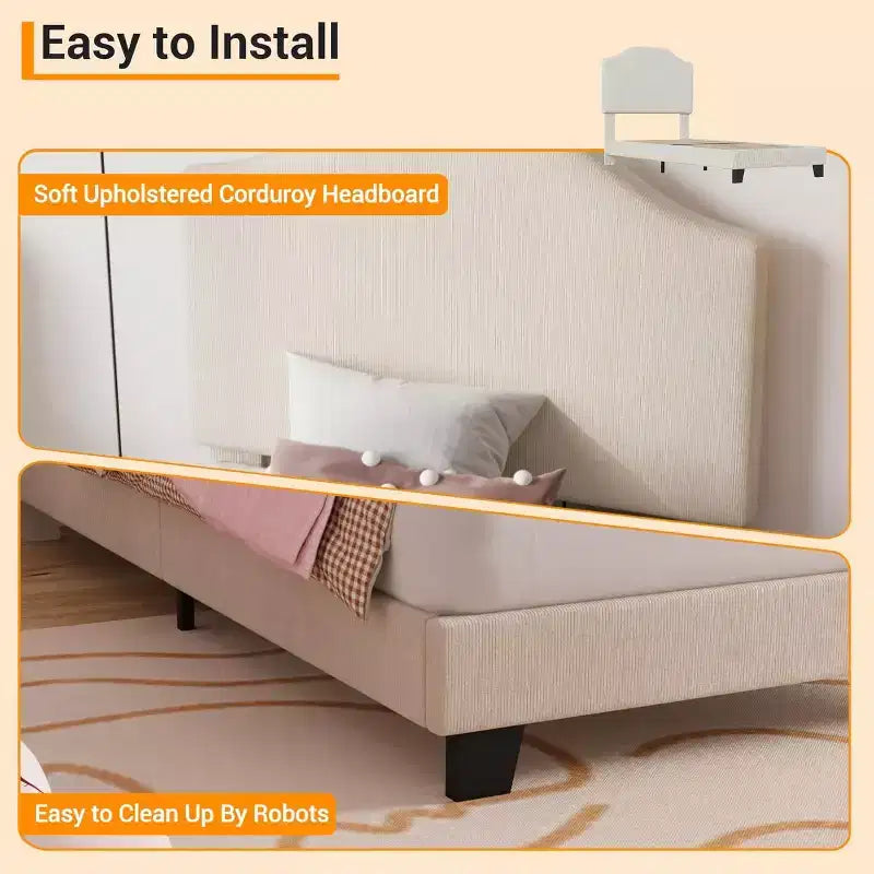 Twin Size Platform Bed Frame with Velvet Upholstered Headboard, Wooden Slats & Metal Support, Low Profile, Noise-Free,Pink/White