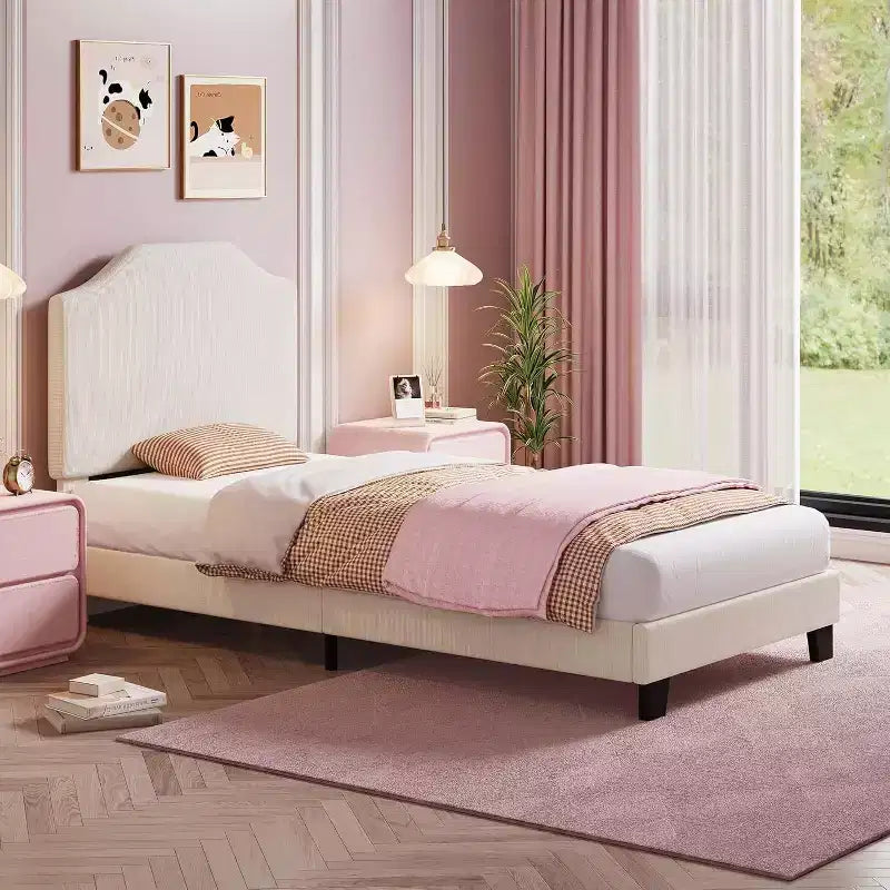Twin Size Platform Bed Frame with Velvet Upholstered Headboard, Wooden Slats & Metal Support, Low Profile, Noise-Free,Pink/White