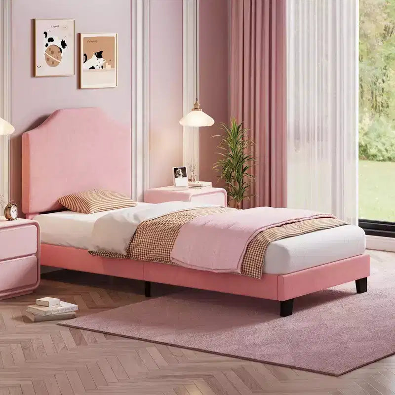 Twin Size Platform Bed Frame with Velvet Upholstered Headboard, Wooden Slats & Metal Support, Low Profile, Noise-Free,Pink/White