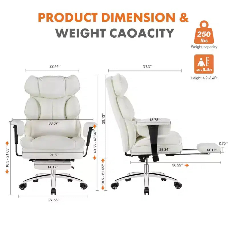 MAYEERTY Executive Chair Ergonomic High Back Footrest Lumbar Support PU Leather White