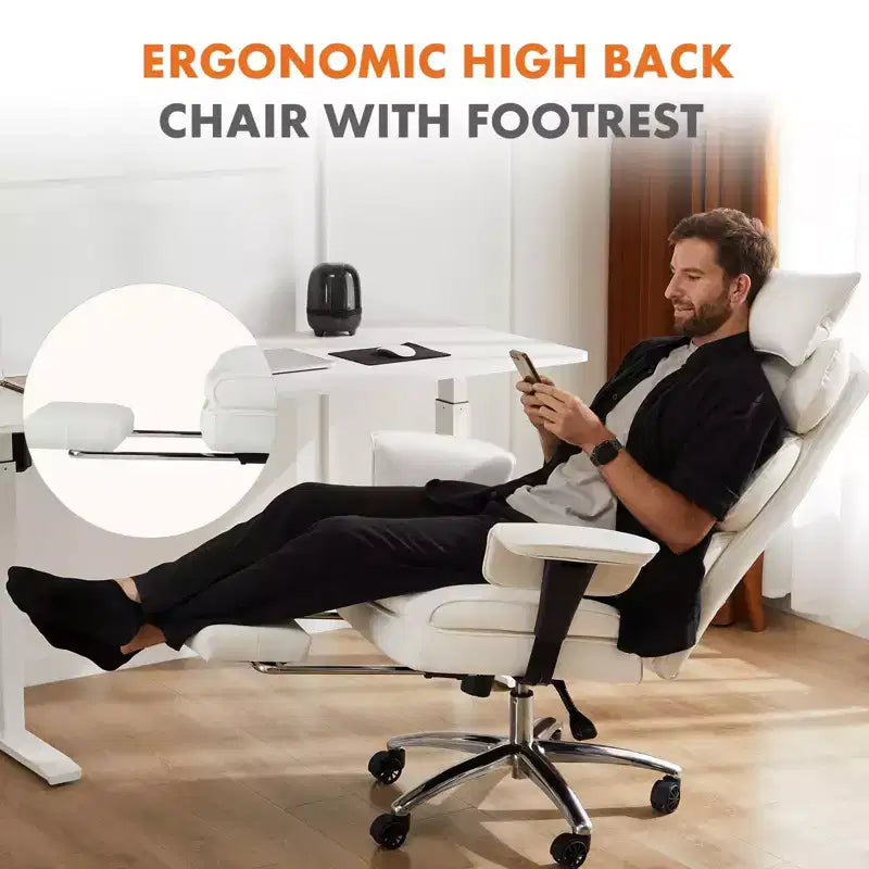 MAYEERTY Executive Chair Ergonomic High Back Footrest Lumbar Support PU Leather White
