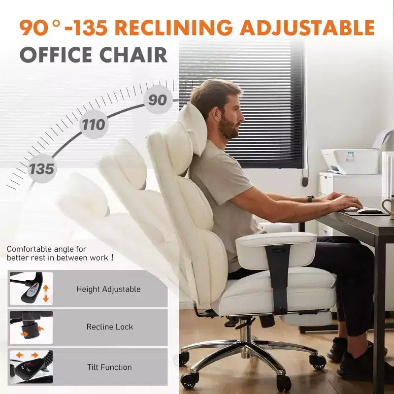MAYEERTY Executive Chair Ergonomic High Back Footrest Lumbar Support PU Leather White