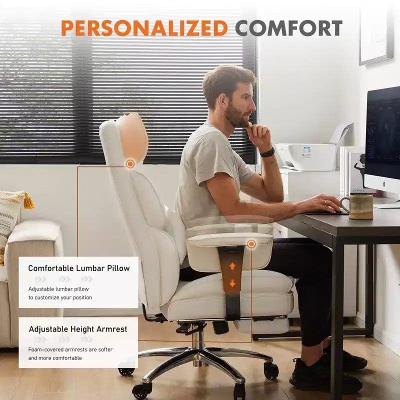 MAYEERTY Executive Chair Ergonomic High Back Footrest Lumbar Support PU Leather White