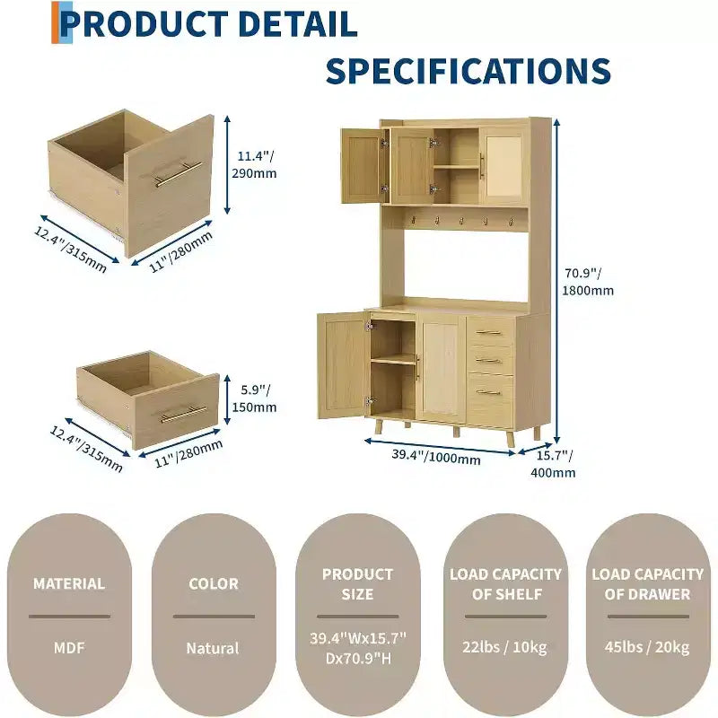 71 Kitchen Rattan Pantry Cabinet,with Microwave Stand, Freestanding Hutch with Drawers, Doors and Hooks for Kitchen Dining Room