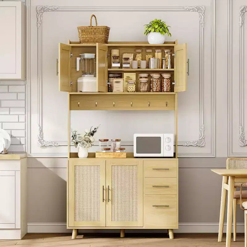 71 Kitchen Rattan Pantry Cabinet,with Microwave Stand, Freestanding Hutch with Drawers, Doors and Hooks for Kitchen Dining Room