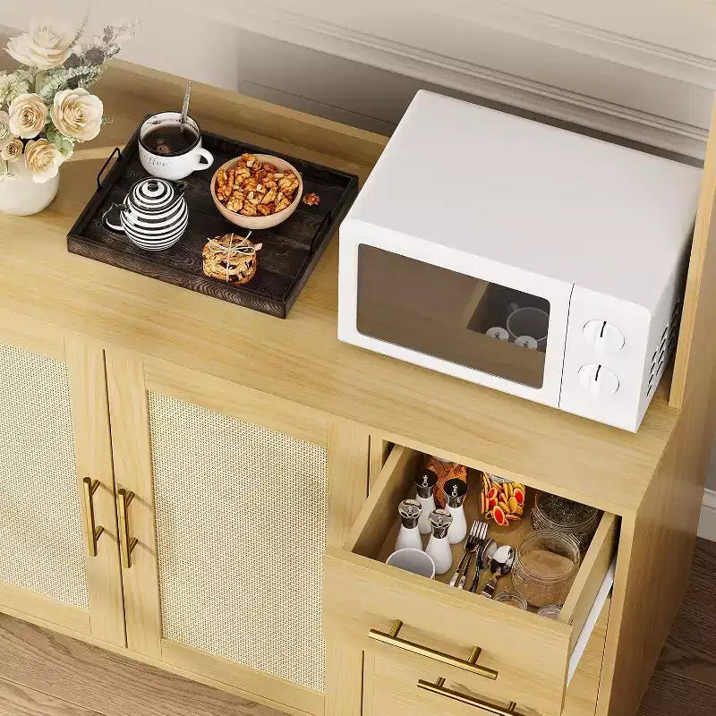 71 Kitchen Rattan Pantry Cabinet,with Microwave Stand, Freestanding Hutch with Drawers, Doors and Hooks for Kitchen Dining Room