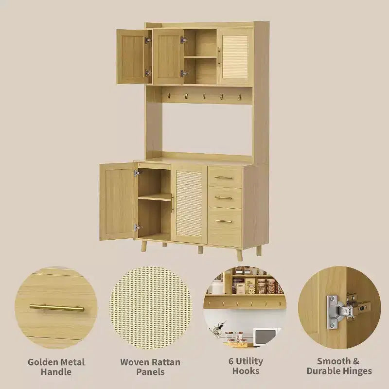 71 Kitchen Rattan Pantry Cabinet,with Microwave Stand, Freestanding Hutch with Drawers, Doors and Hooks for Kitchen Dining Room