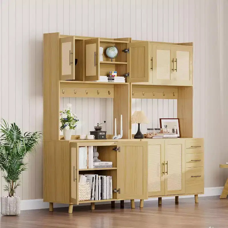 71 Kitchen Rattan Pantry Cabinet,with Microwave Stand, Freestanding Hutch with Drawers, Doors and Hooks for Kitchen Dining Room