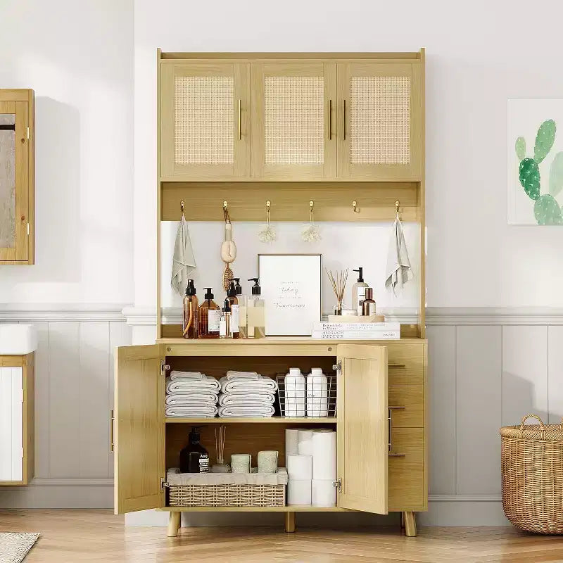 71 Kitchen Rattan Pantry Cabinet,with Microwave Stand, Freestanding Hutch with Drawers, Doors and Hooks for Kitchen Dining Room